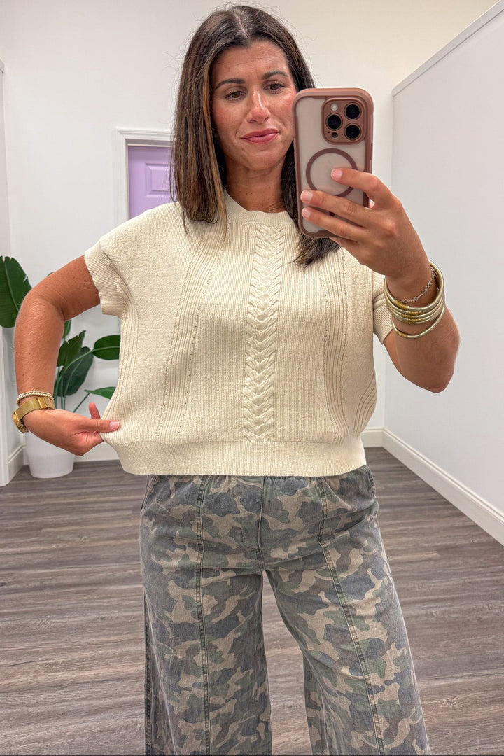 solid sandstone crew neckline short sleeve semi-cropped relaxed silhouette knit top