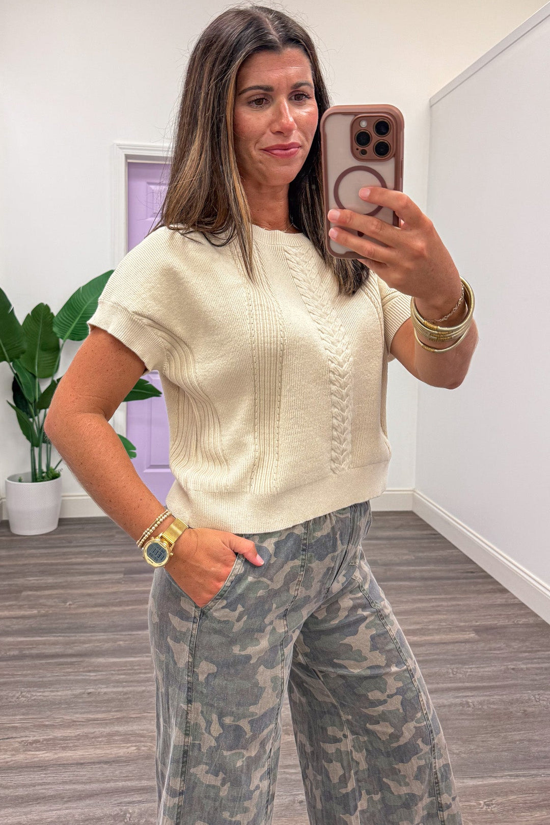 solid sandstone crew neckline drop shoulder short sleeve semi-cropped knit top