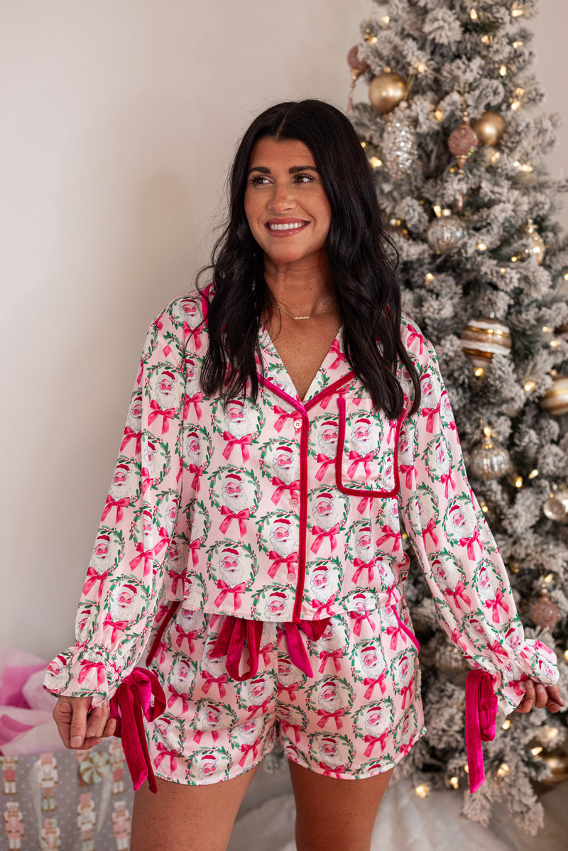 pink Santa Claus wreath satin pajama shorts set