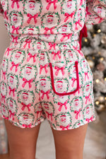 pink Santa Claus wreath satin pajama shorts set