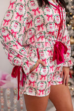 pink Santa Claus wreath satin pajama shorts set