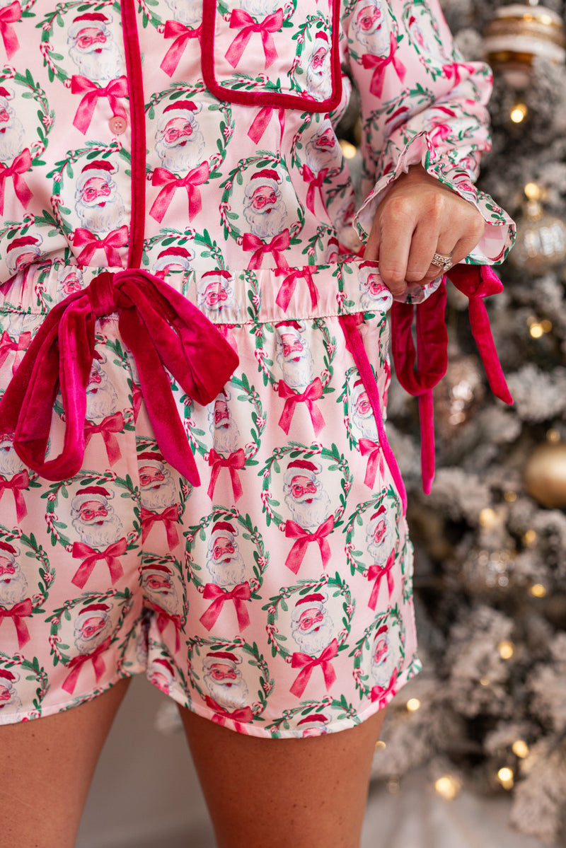 pink Santa Claus wreath satin pajama shorts set