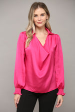 satin hot pink cowl neck top