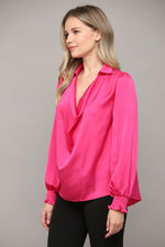 satin hot pink cowl neck top