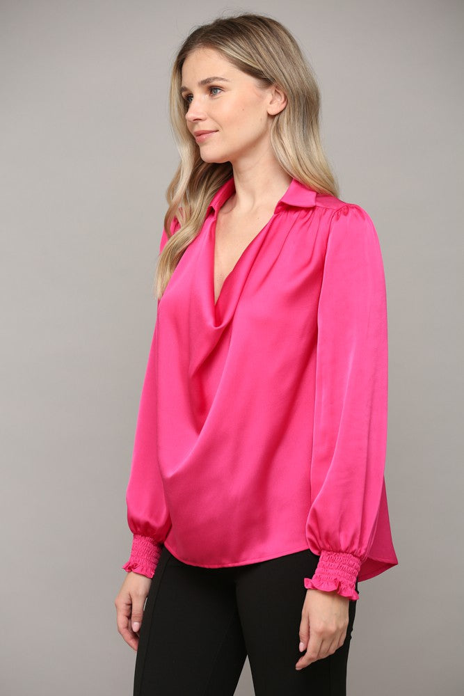 satin hot pink cowl neck top