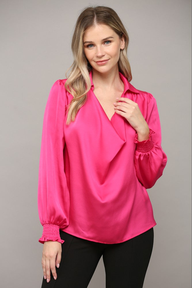 satin hot pink cowl neck top