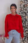 red pearl neckline satin top