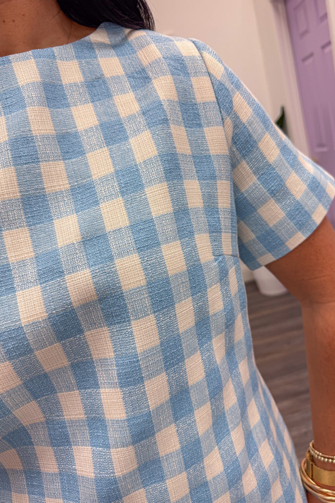 Women's short sleeve blue and cream gingham print dress 