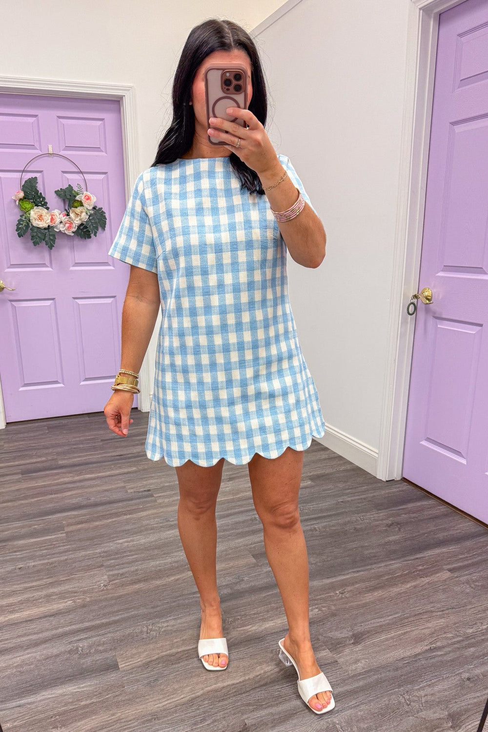 Women's Spring blue and cream gingham print dress