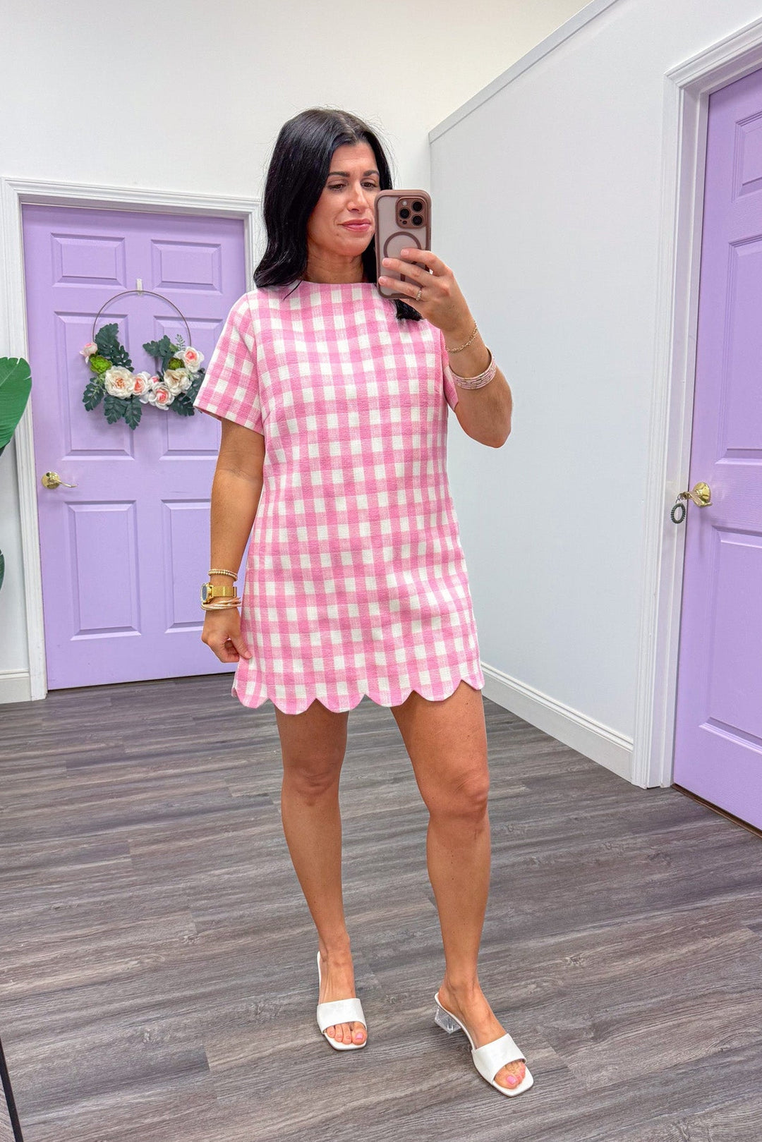 Women's pink and cream gingham print dress with scalloped hem