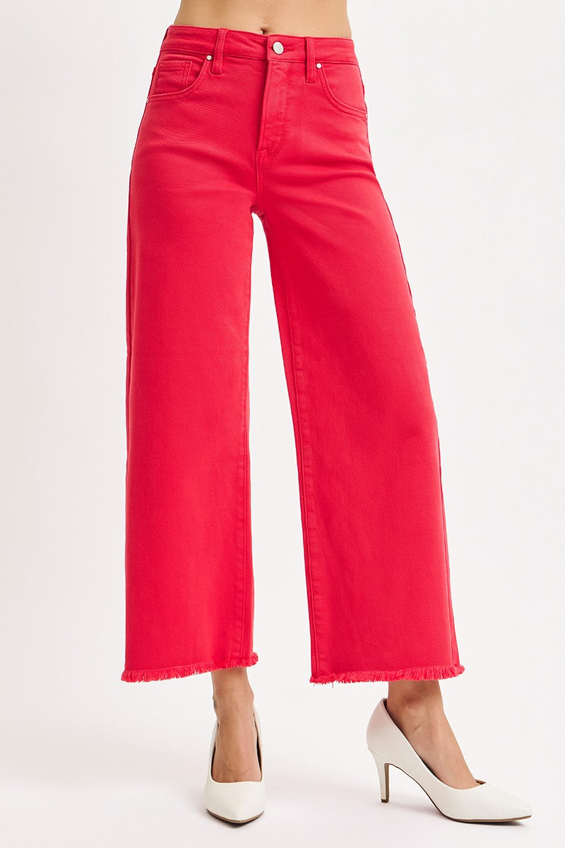 Risen Jeans red denim high rise cropped wide leg jeans with 5 pocket design