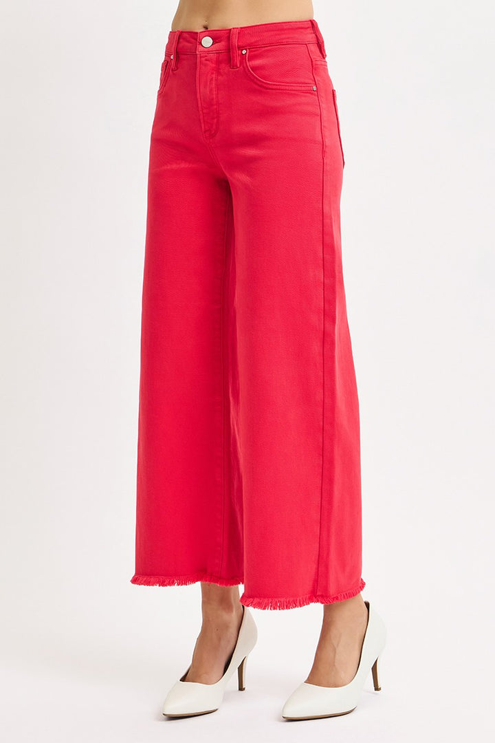 Risen Jeans red denim high rise cropped wide leg jeans with frayed hem