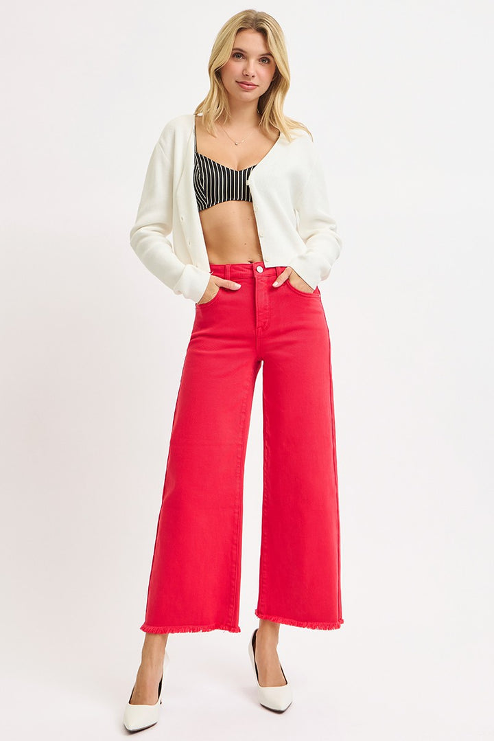 Risen Jeans red denim high rise cropped wide leg jeans in a flattering fit