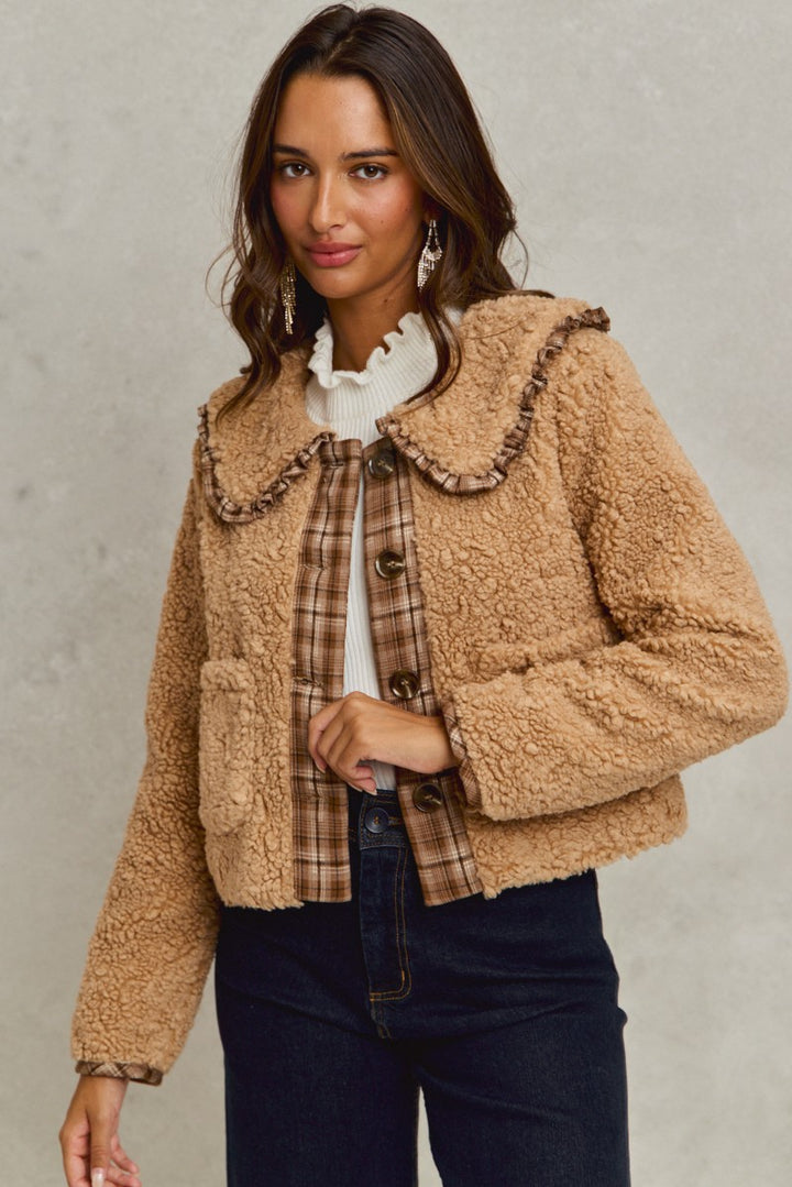 taupe sherpa plaid ruffle collar jacket width