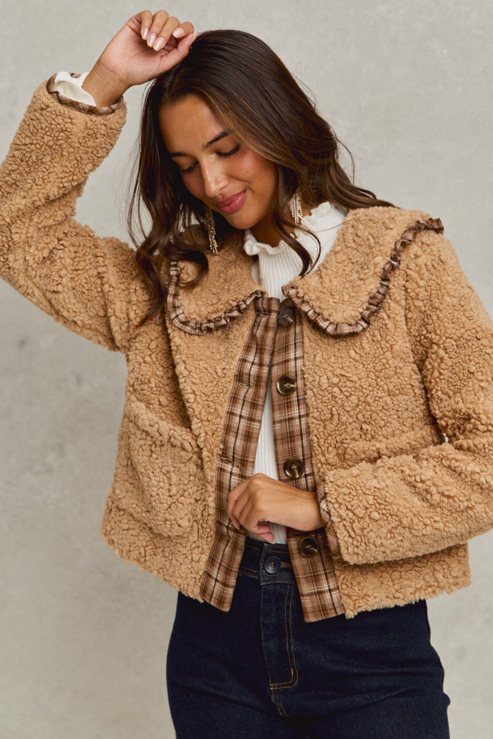 taupe sherpa plaid ruffle collar jacket up