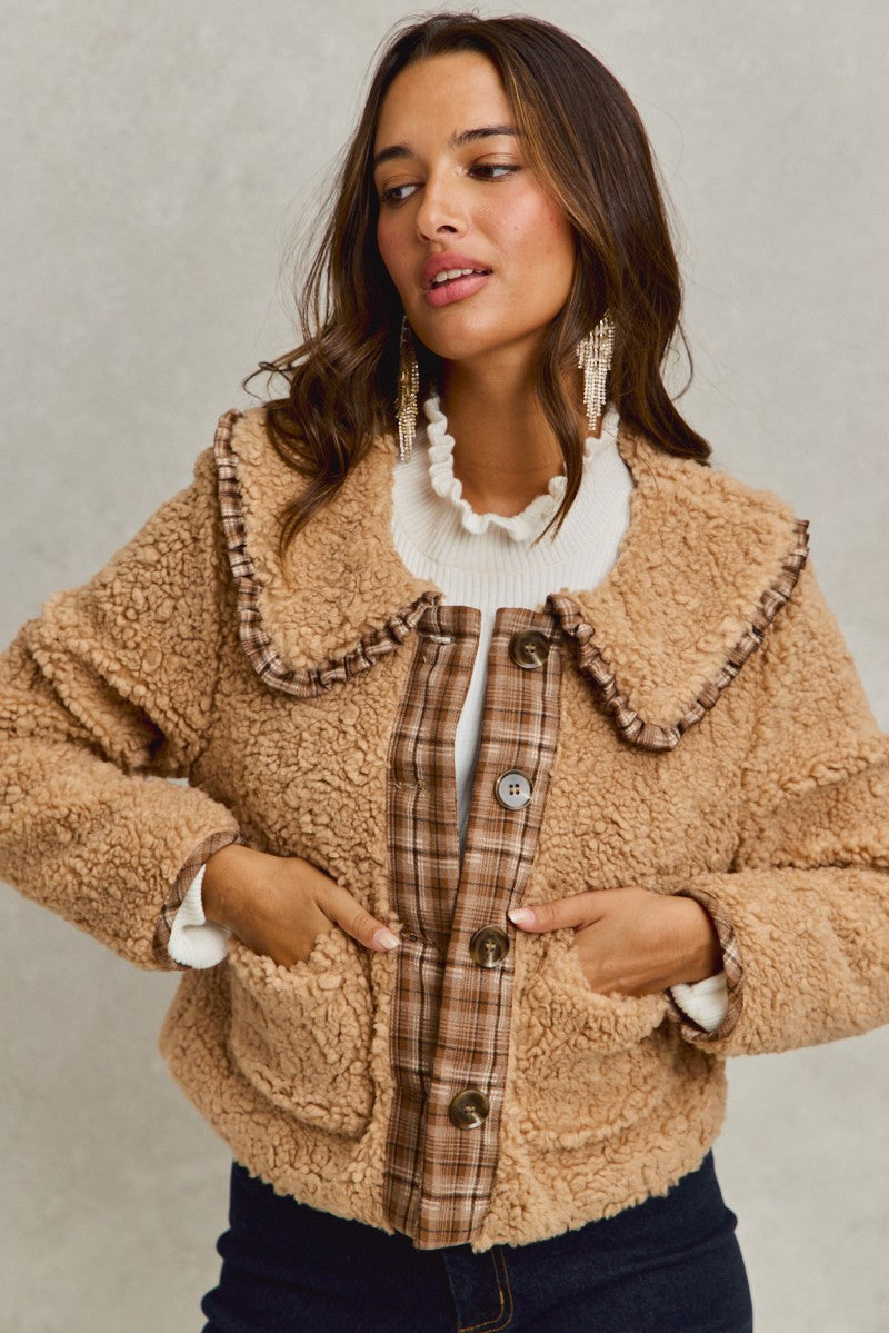 taupe sherpa plaid ruffle collar jacket pockets