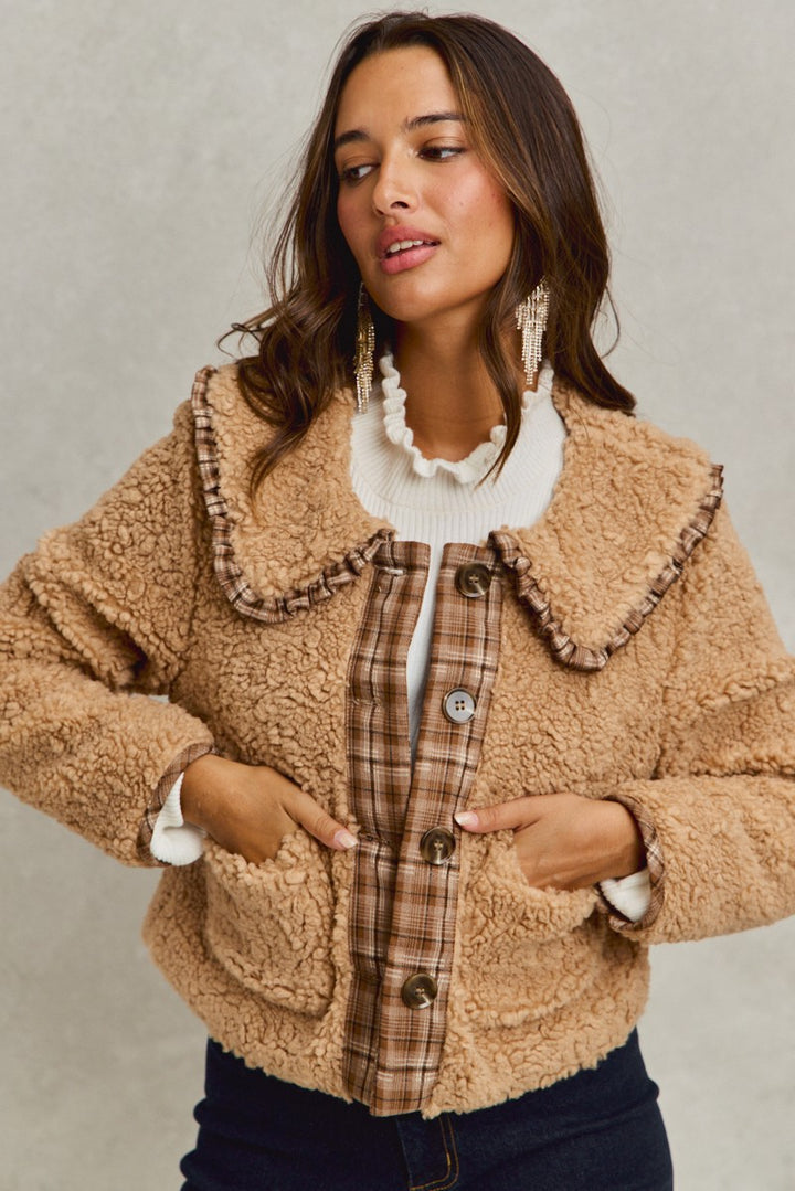 taupe sherpa plaid ruffle collar jacket pockets