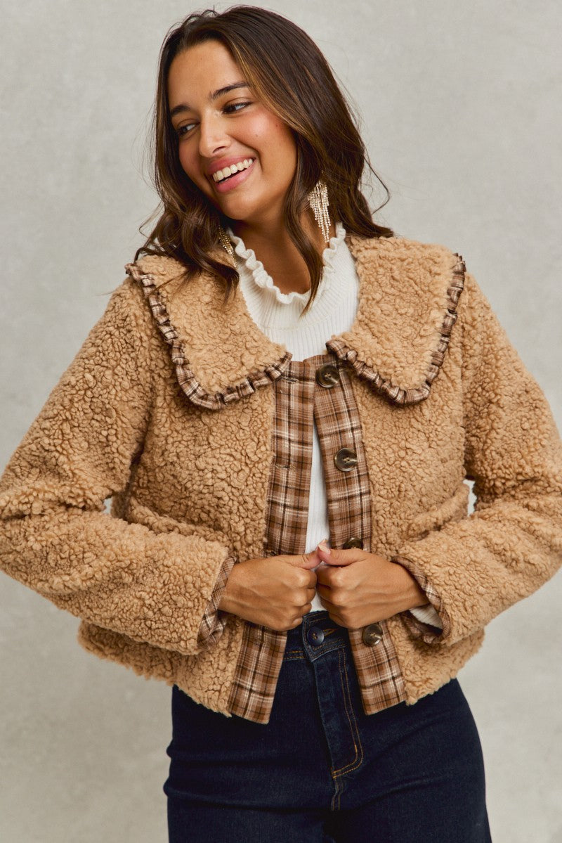 taupe sherpa plaid ruffle collar jacket pockets
