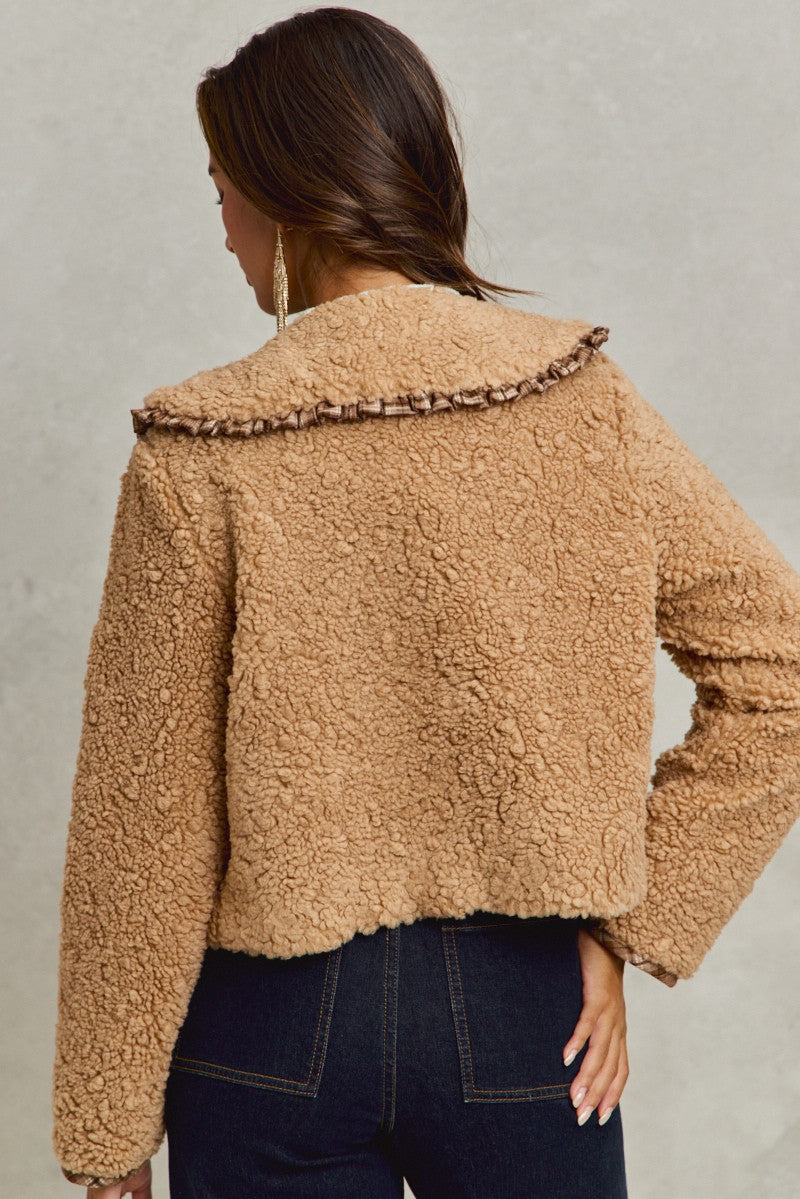 taupe sherpa plaid ruffle collar jacket back
