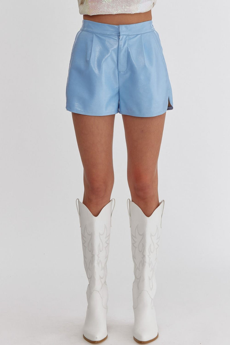 Entro Light blue faux leather metallic shimmer shorts