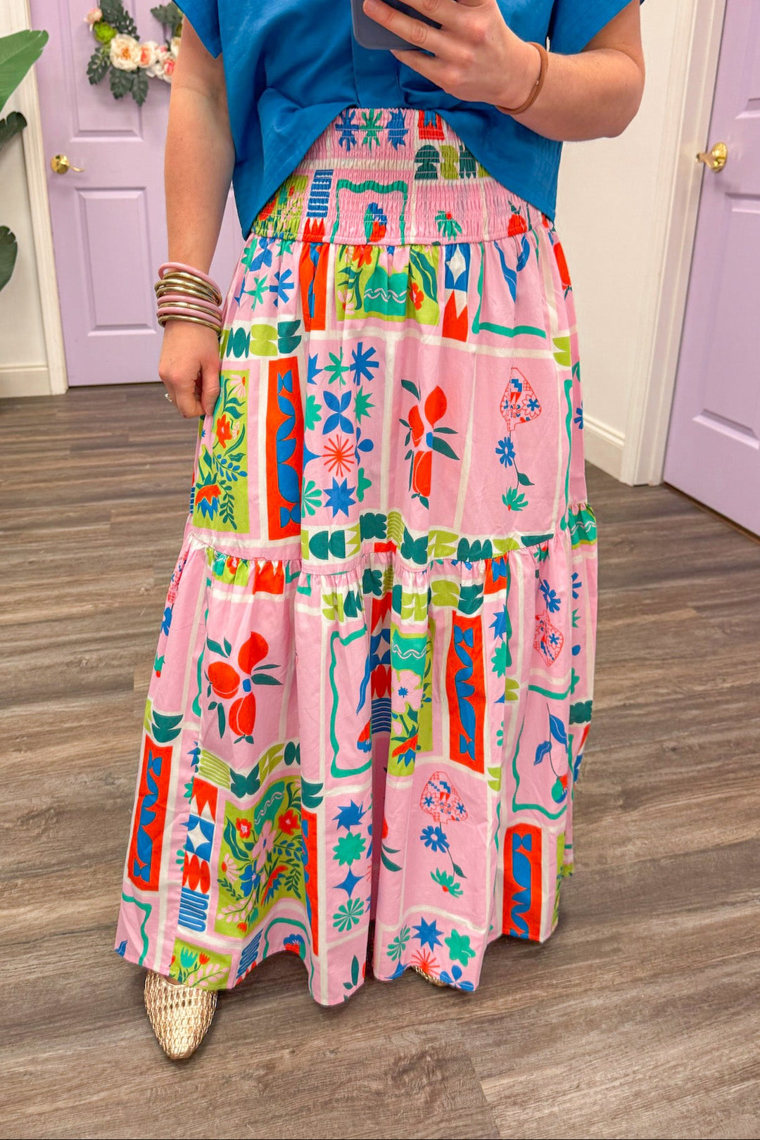 karlie pink artist floral frame smocked waist maxi skirt for Spring Summer