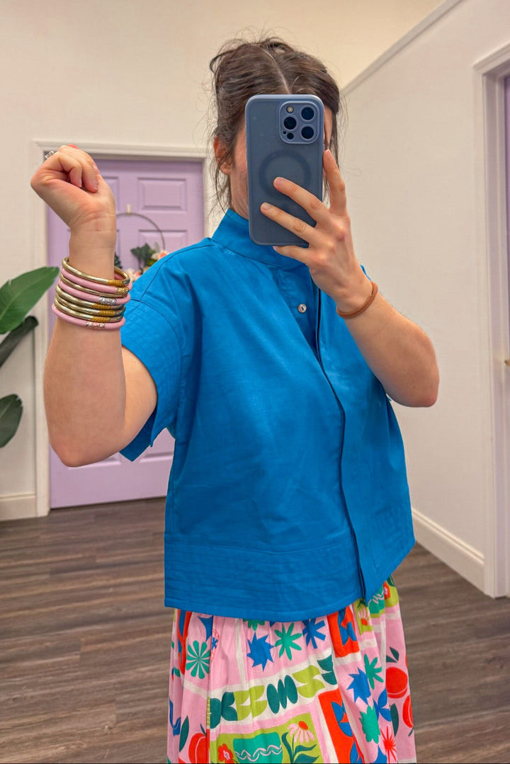 entro ocean blue cotton linen dressy top side