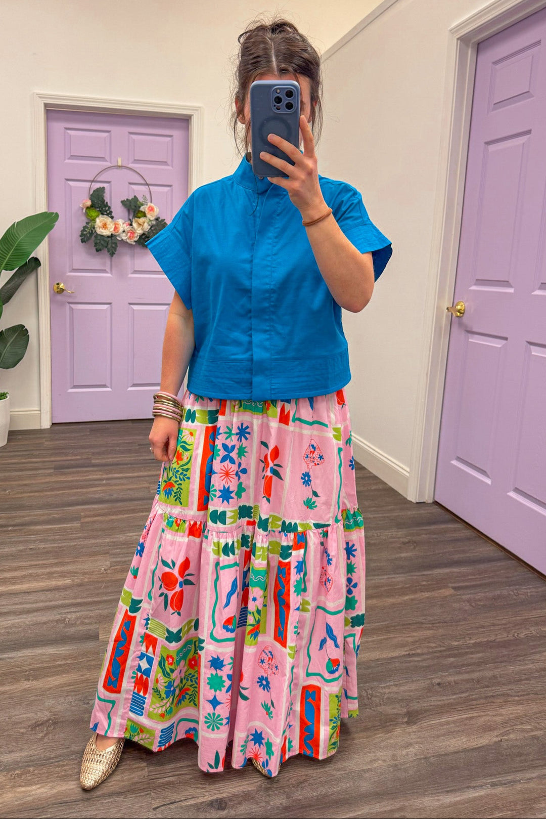 karlie pink artist floral frame smocked waist maxi skirt