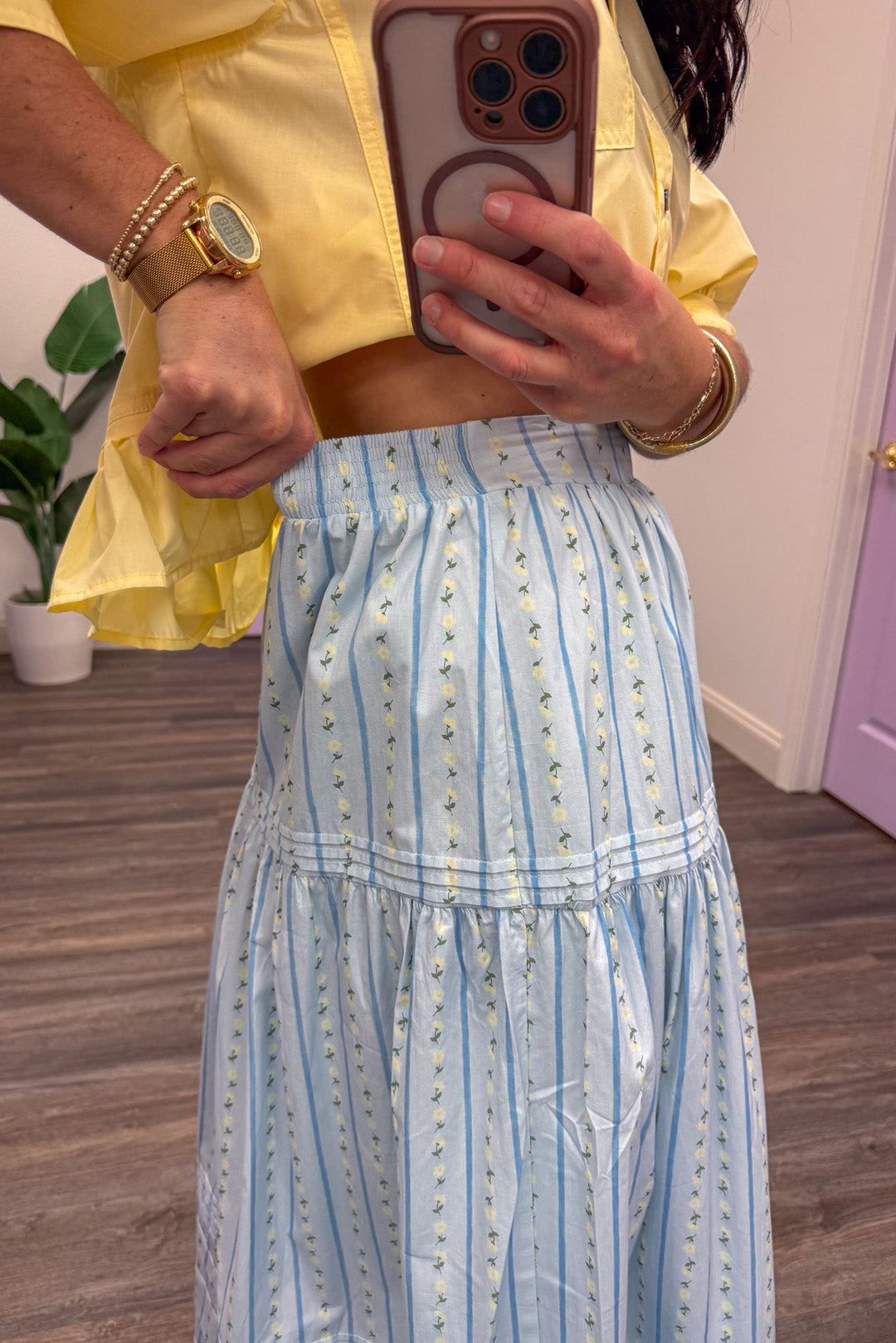 karlie clothing blue floral stripe maxi skirt stretch waist