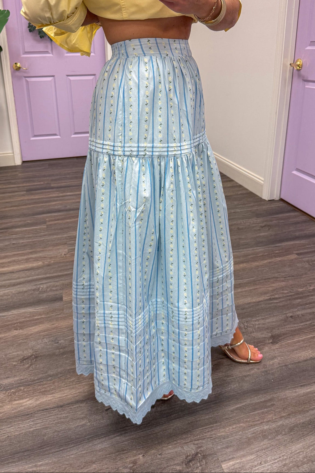 karlie clothing blue floral stripe maxi skirt side view