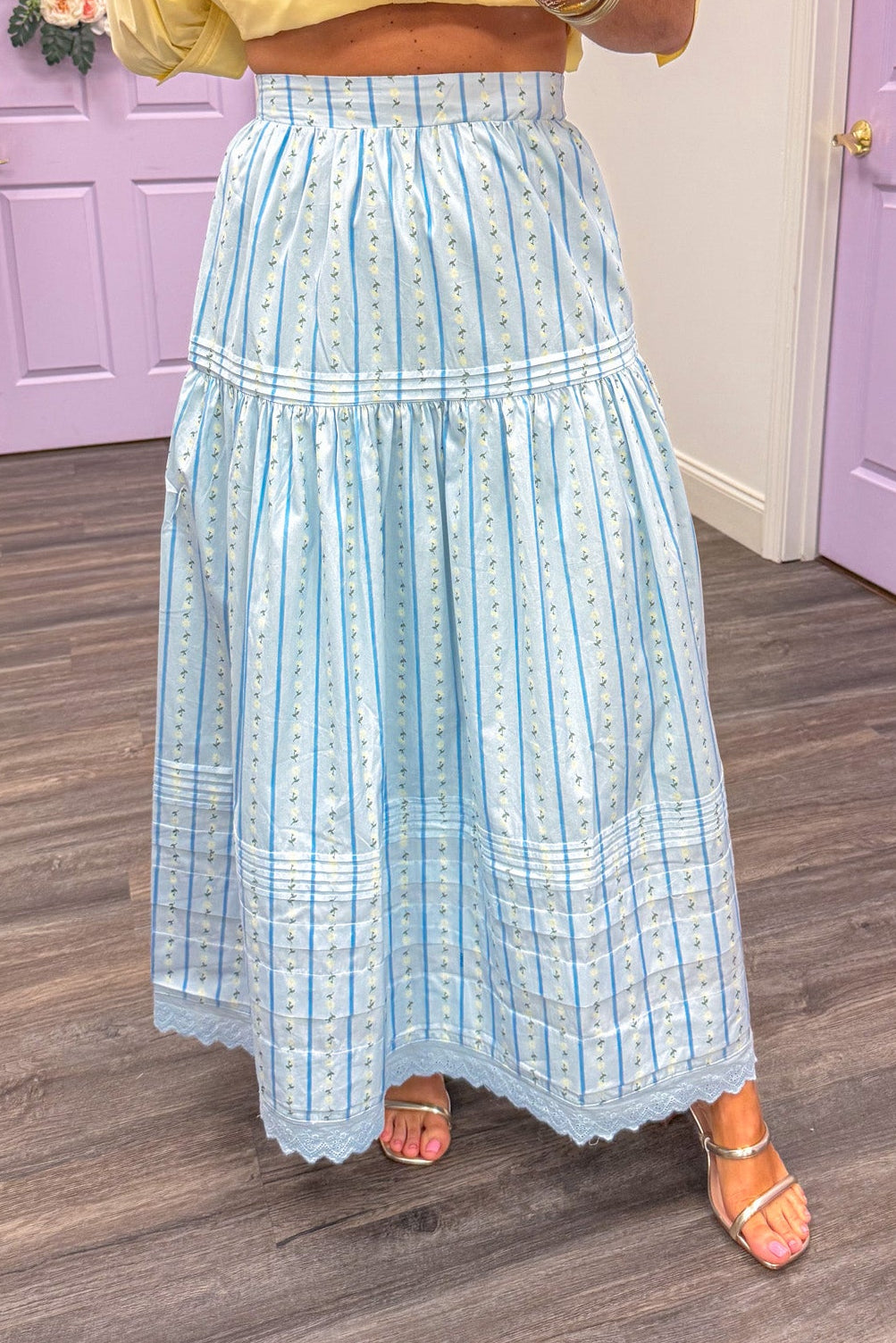 karlie clothing blue yellow floral stripe maxi skirt