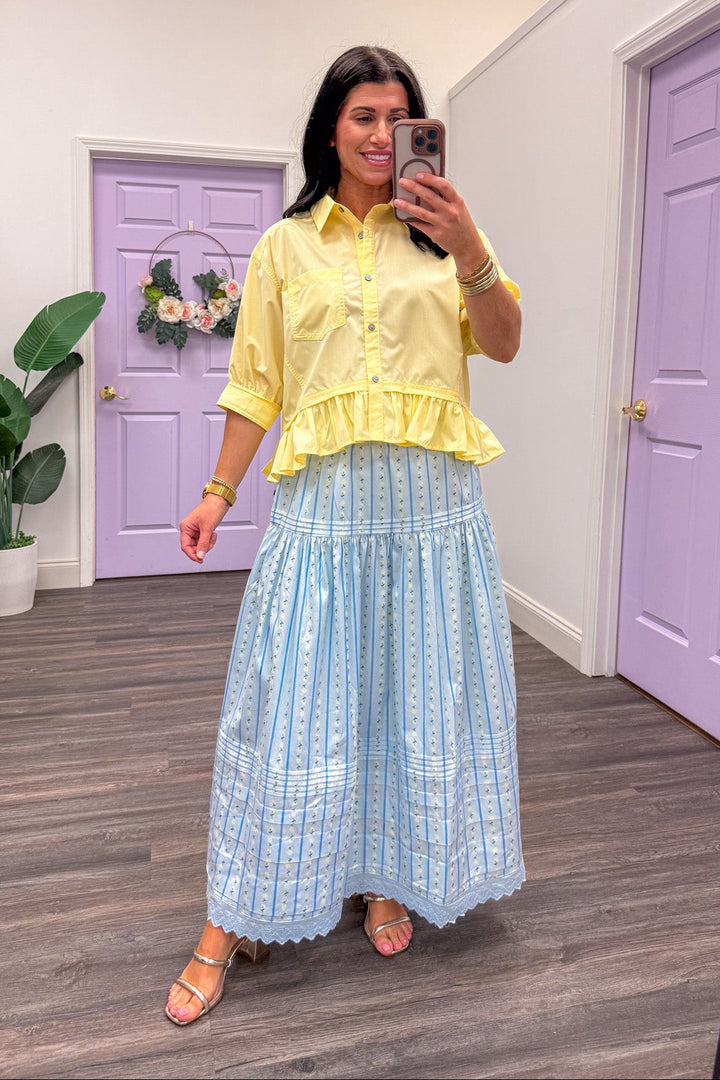 karlie clothing blue floral stripe maxi skirt with yellow top