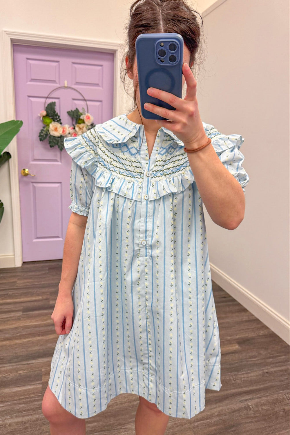 karlie clothing cotton blue floral stripe peter pan short dress