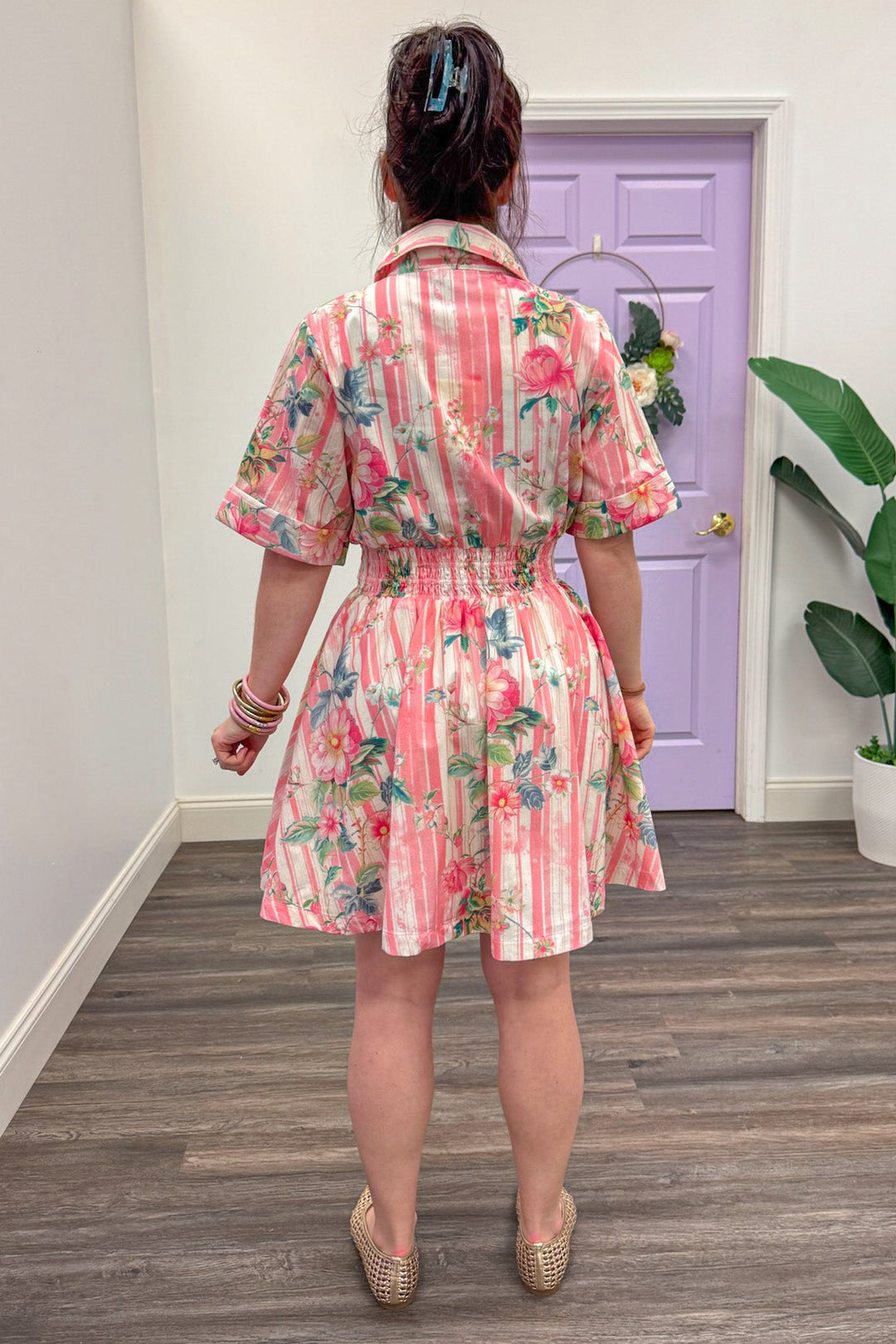 striped smocked waist short dress with floral print