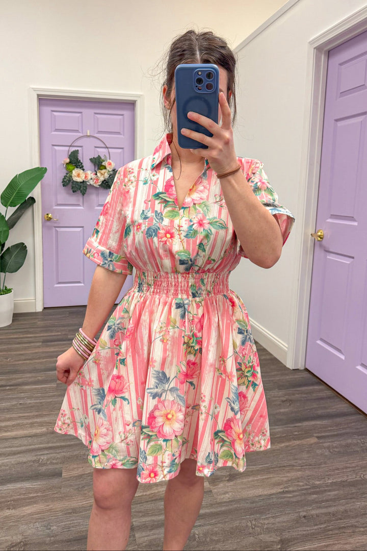 coral pink striped smocked waist short dress with floral print