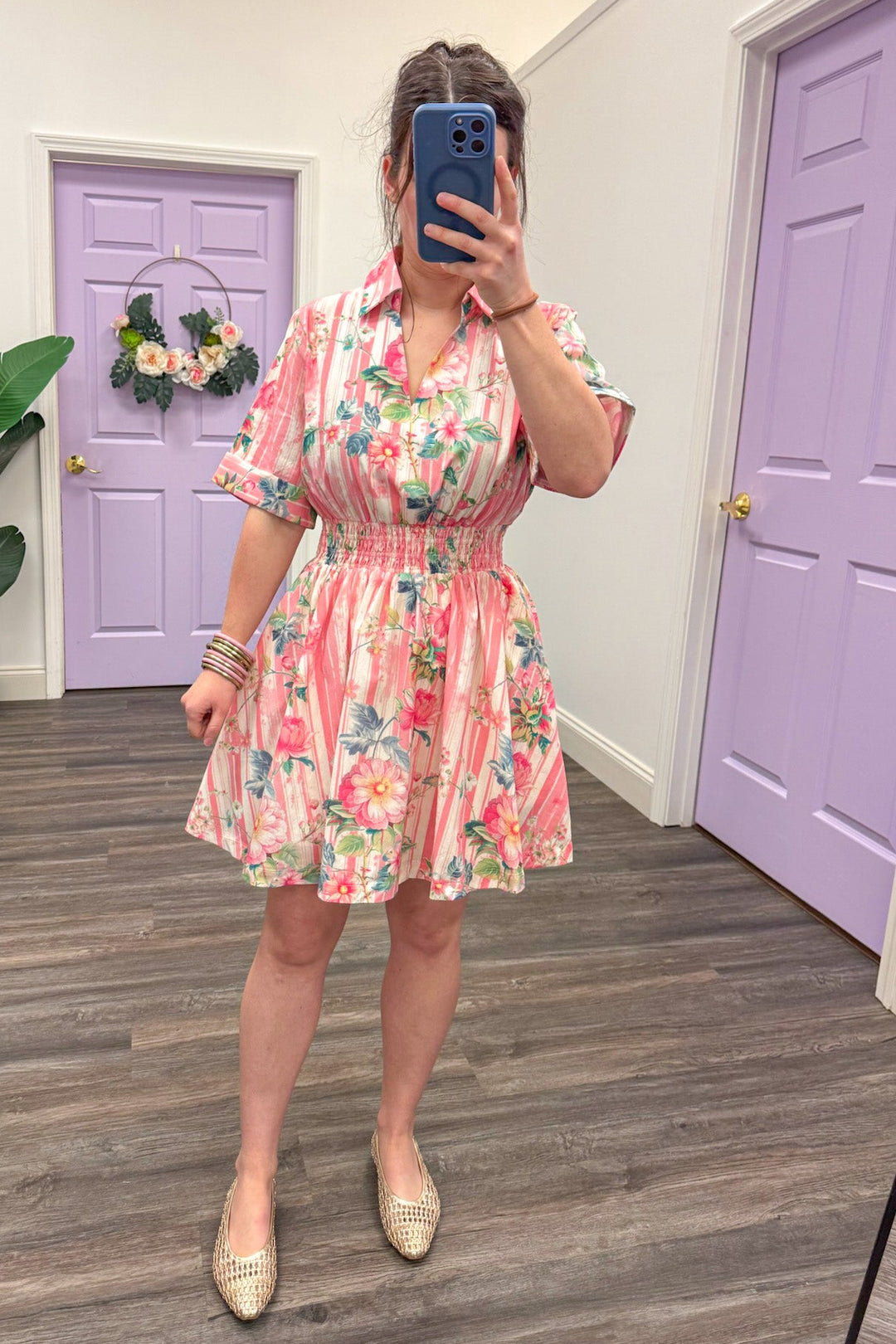 coral pink striped smocked waist short dress