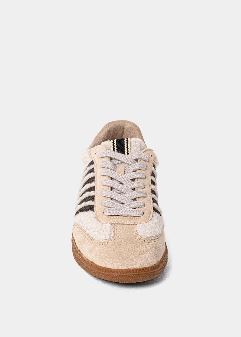 shu shop shearling chocolate brown beige stripe sneakers upclose