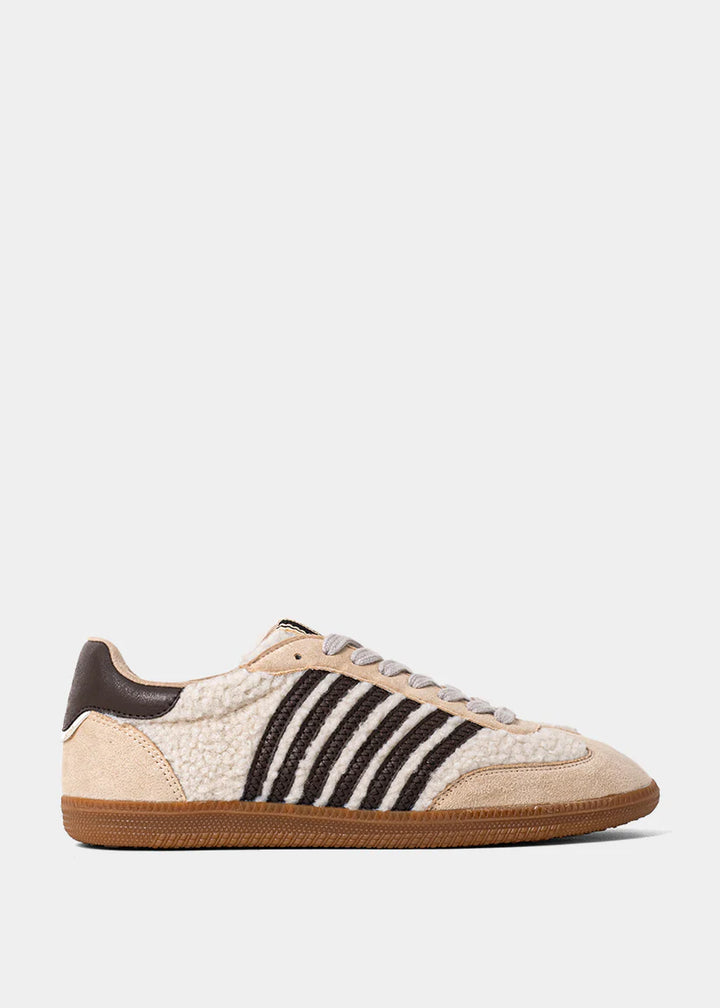 shu shop shearling chocolate brown beige stripe sneakers left