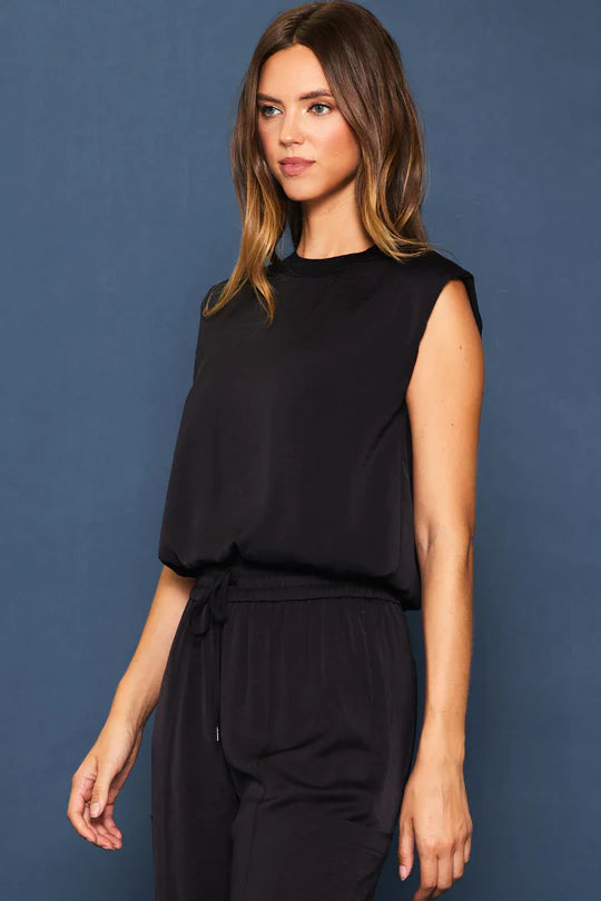 Skies Are Blue Black silky-like sleeveless bubble hem cropped top