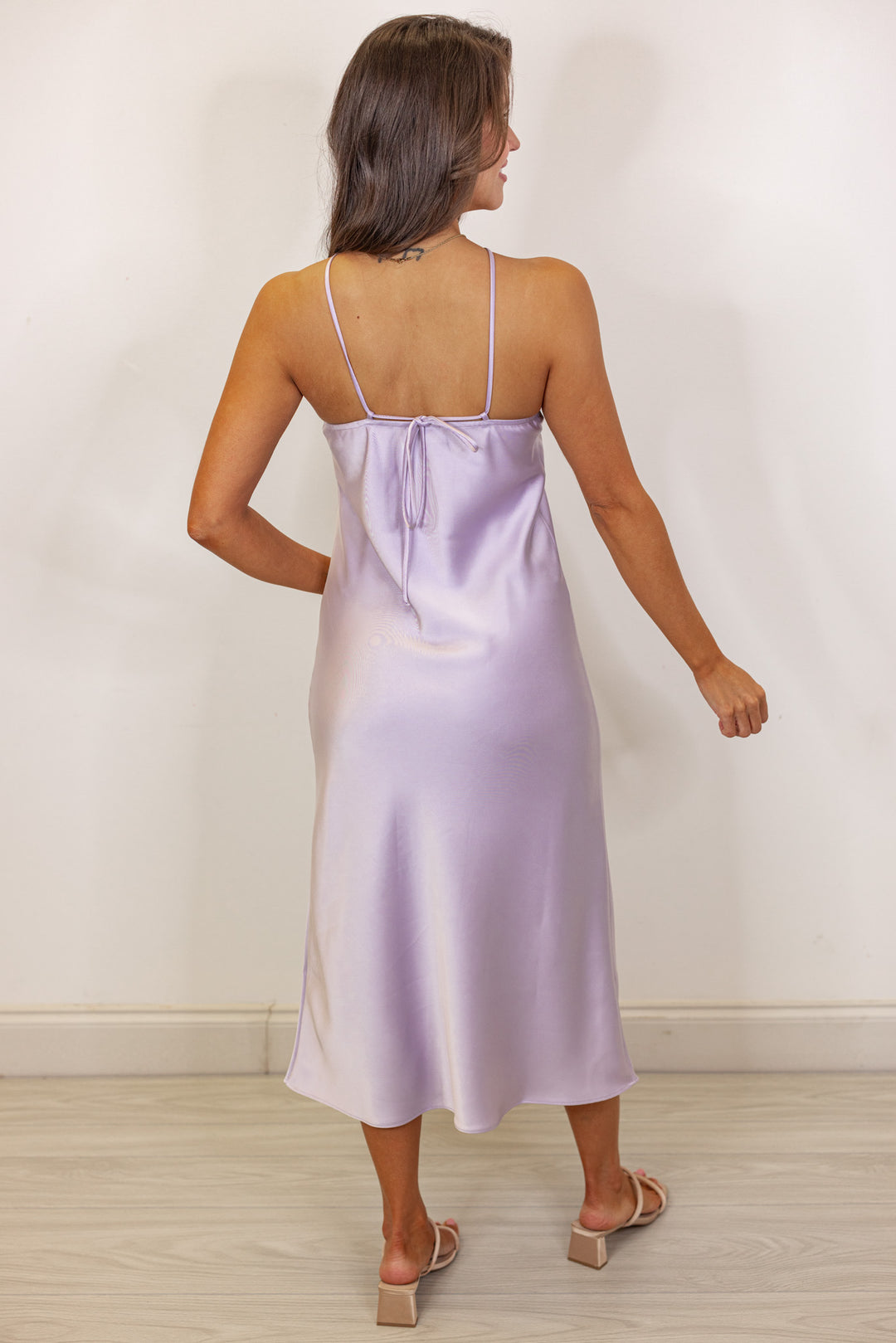 satin lavender slim midi dress