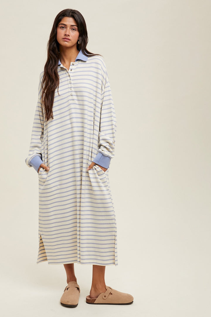 Women's sky blue and cream striped knit shirt style midi dress with collar by Entro
