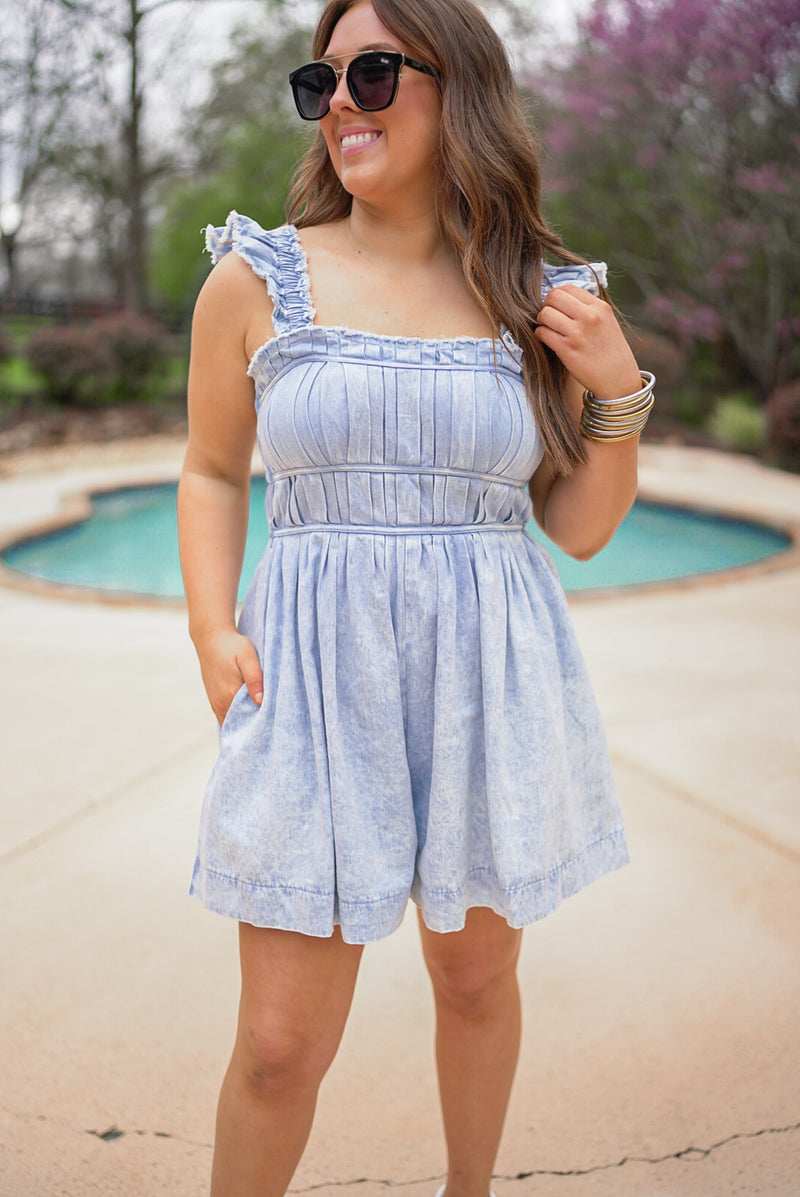 denim chambray smocked chest romper