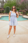 denim chambray smocked chest romper