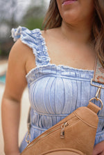 denim chambray smocked chest romper