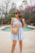 denim chambray smocked chest romper