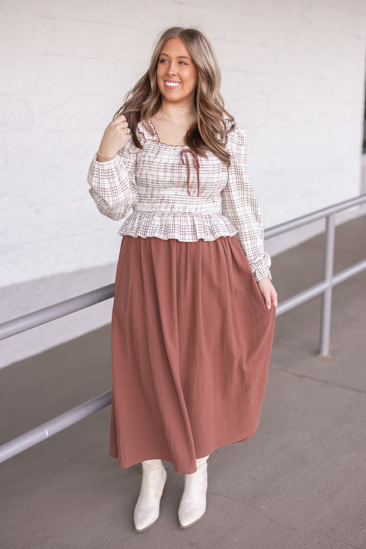 Women's ruffle detailed midi dress with smocked plaid top and solid brown skirt by In February, perfect for church