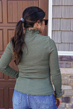 smocked olive mock neck top