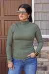 smocked olive mock neck top