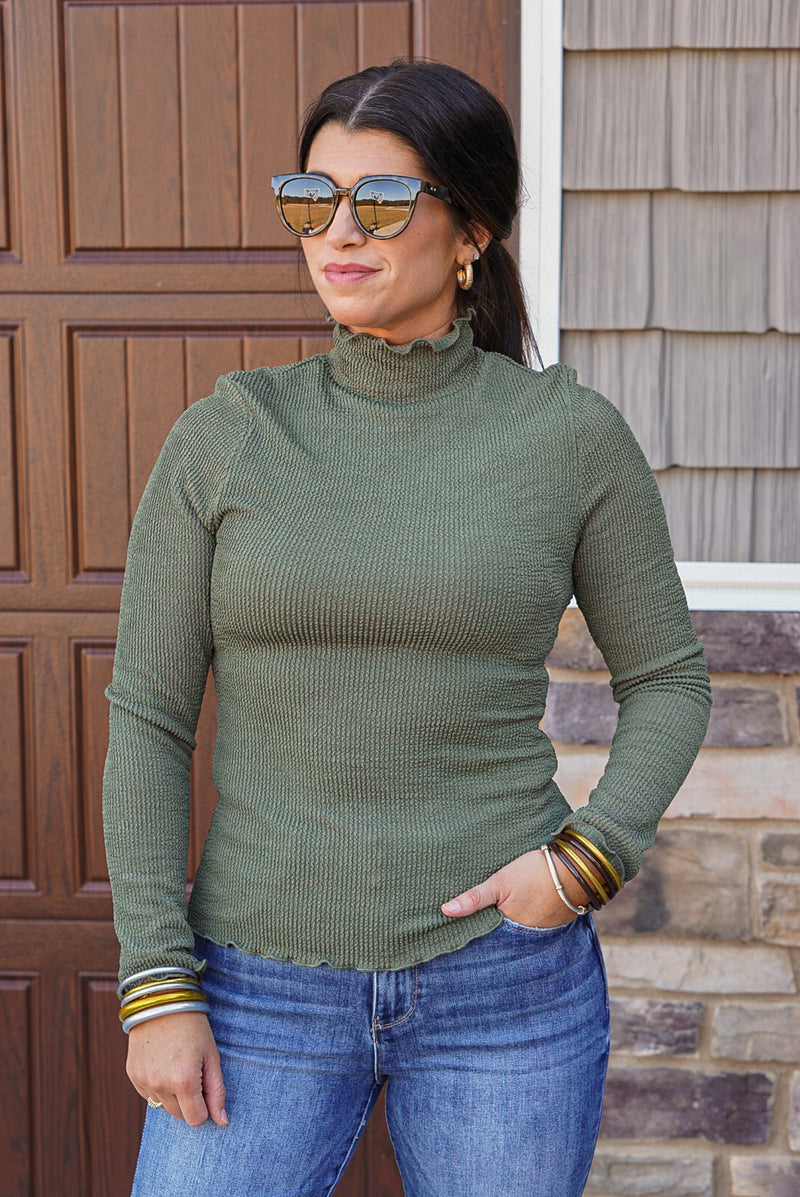 smocked olive mock neck top