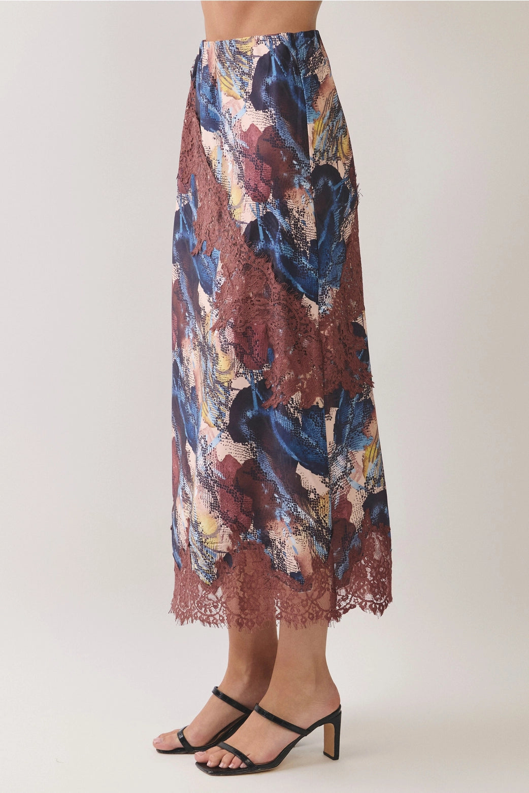 snakeskin print lace brown navy maxi skirt