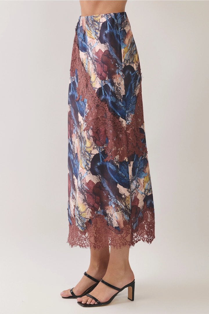 snakeskin print lace brown navy maxi skirt